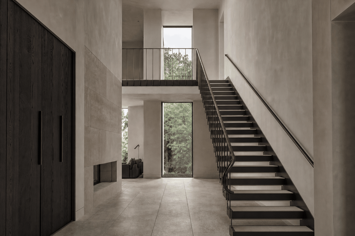 Sculptural blackened steel staircase inside a refined private home