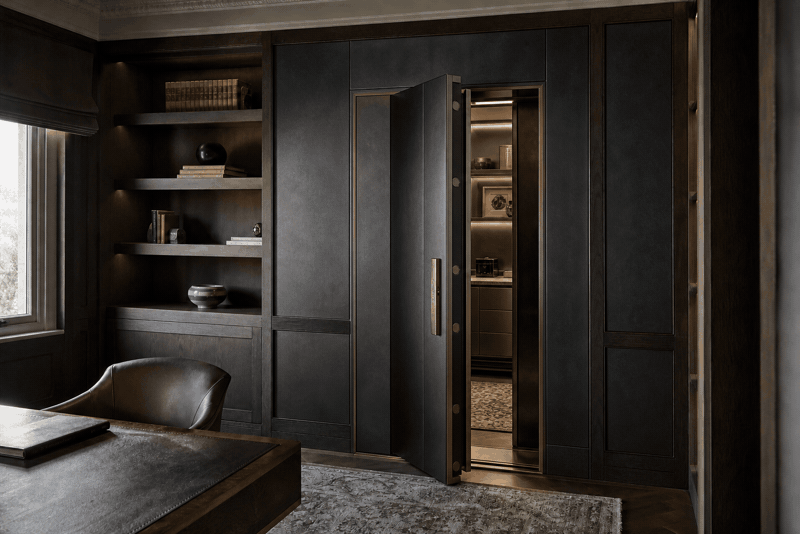 Concealed secure room with a blackened steel door and bronze portal